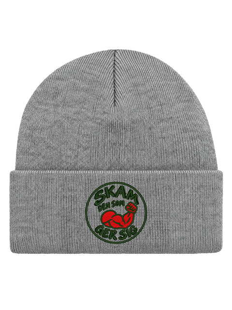 SKAM FRONT HCB-HGR-SKAM | Skam den som ger sig – Heather Grey Hatitude Cuffed Beanie | 5.92x5.92cm