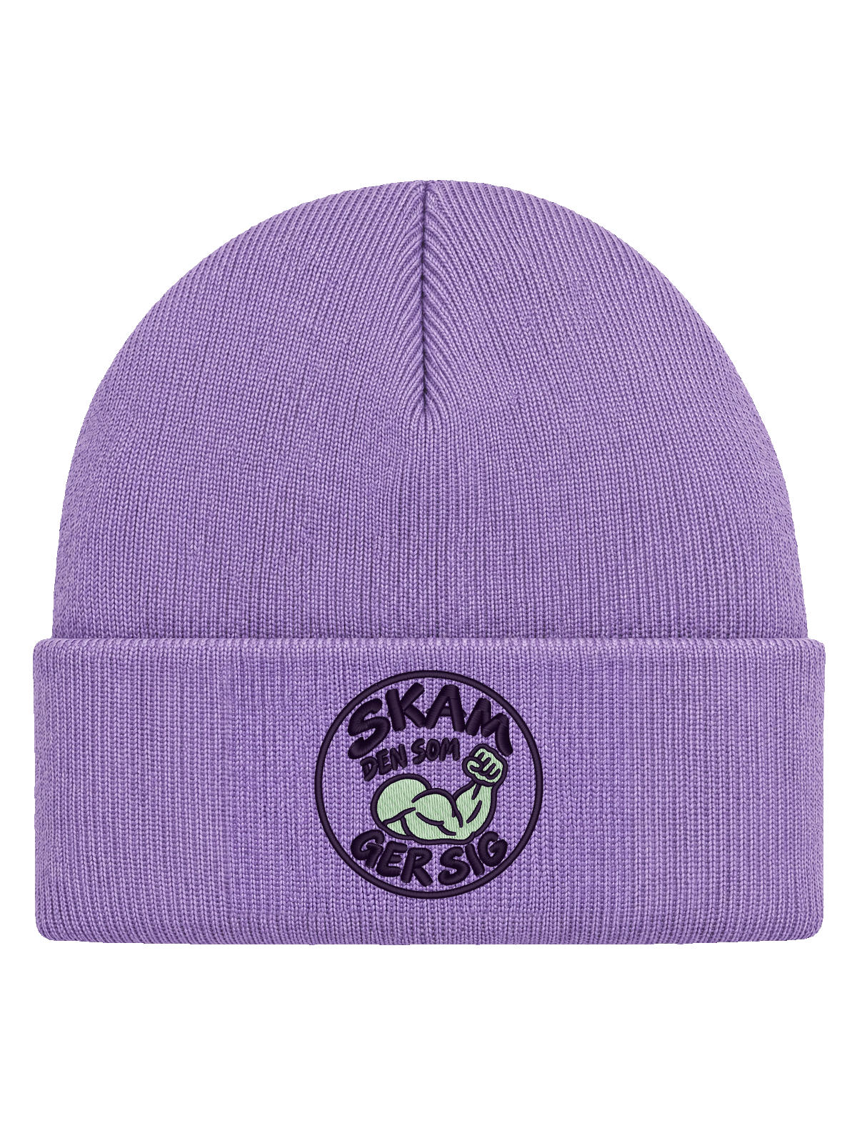 SKAM FRONT HCB-LAV-SKAM | Skam den som ger sig – Lavendel Hatitude Cuffed Beanie | 5.92x5.92cm