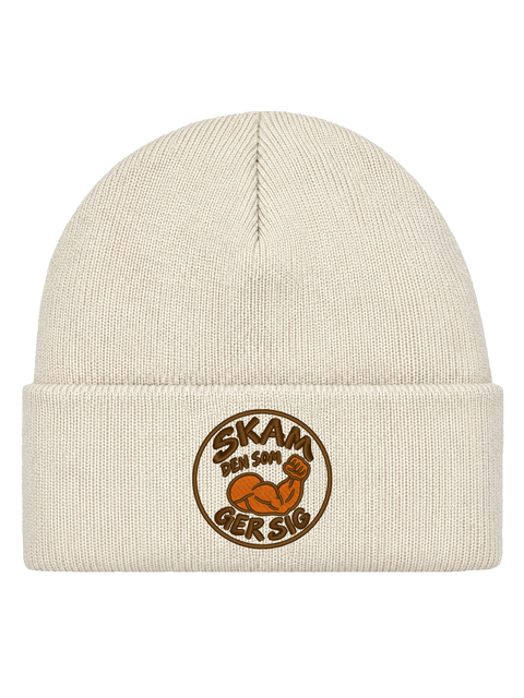 SKAM FRONT HCB-OFW-SKAM | Skam den som ger sig – Offwhite Hatitude Cuffed Beanie | 5.92x5.92cm