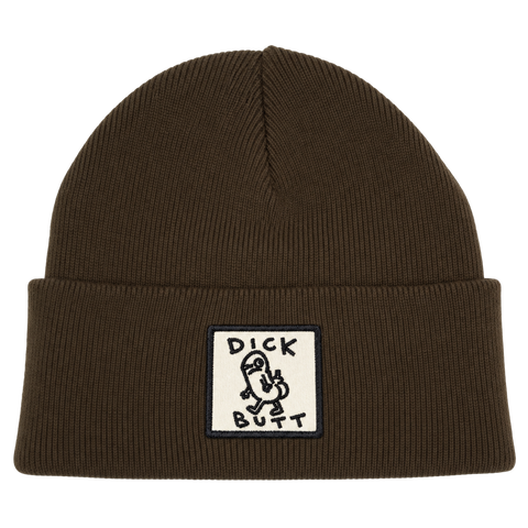 Dick Butt – brun Cuffed Beanie, produktmockup med samma brodyr som svart.