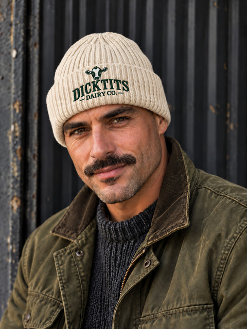 Dicktits Dairy Co. – Hatitude Oversized Cuffed Beanie Havre, på modell