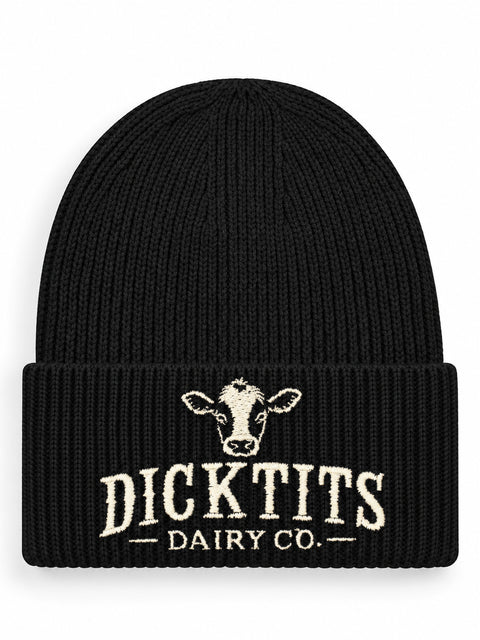 Dicktits Dairy Co. – Hatitude Oversized Cuffed Beanie Svart, brodyr framifrån