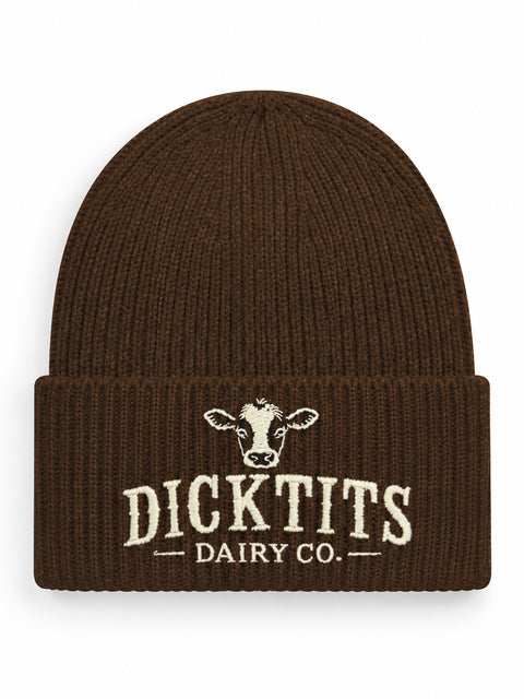 Dicktits Dairy Co. – Hatitude Oversized Cuffed Beanie Valnöt, brodyr framifrån