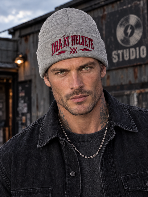 Dra åt helvete – Heather Grey Cuffed Beanie med Burgundy brodyr på person