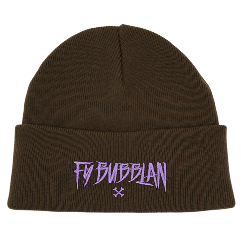 Fy bubblan – brun Cuffed Beanie, produktmockup med samma brodyr som svart.