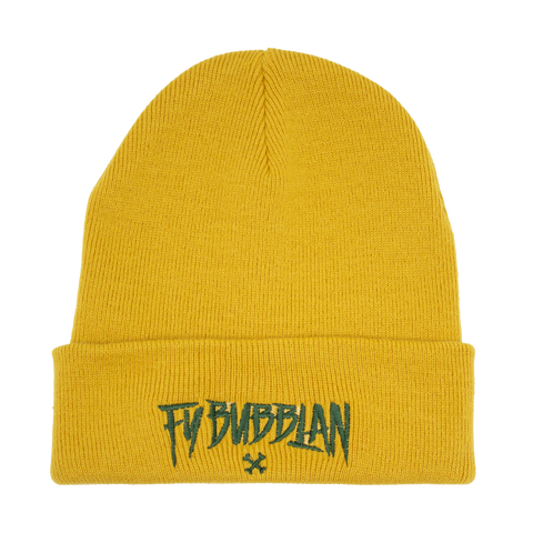 Fy bubblan – gul Cuffed Beanie med grön brodyr