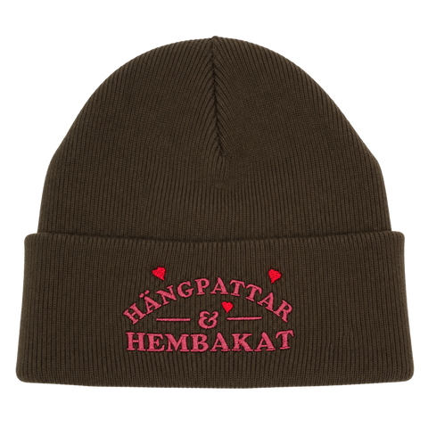 Hängpattar & Hembakat – brun Cuffed Beanie, produktmockup.