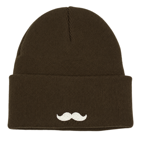 Hatitude brun Cuffed Beanie – offwhite mustasch på baksidan.