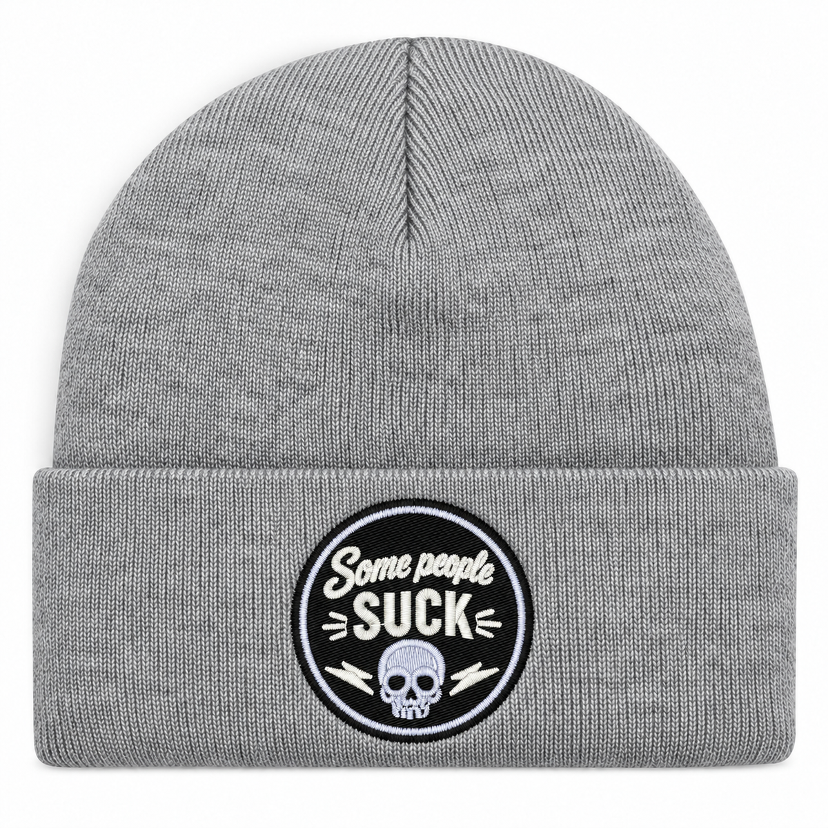 Some People Suck – Heather Grey Hatitude Cuffed Beanie med direktbrodyr på vit bakgrund