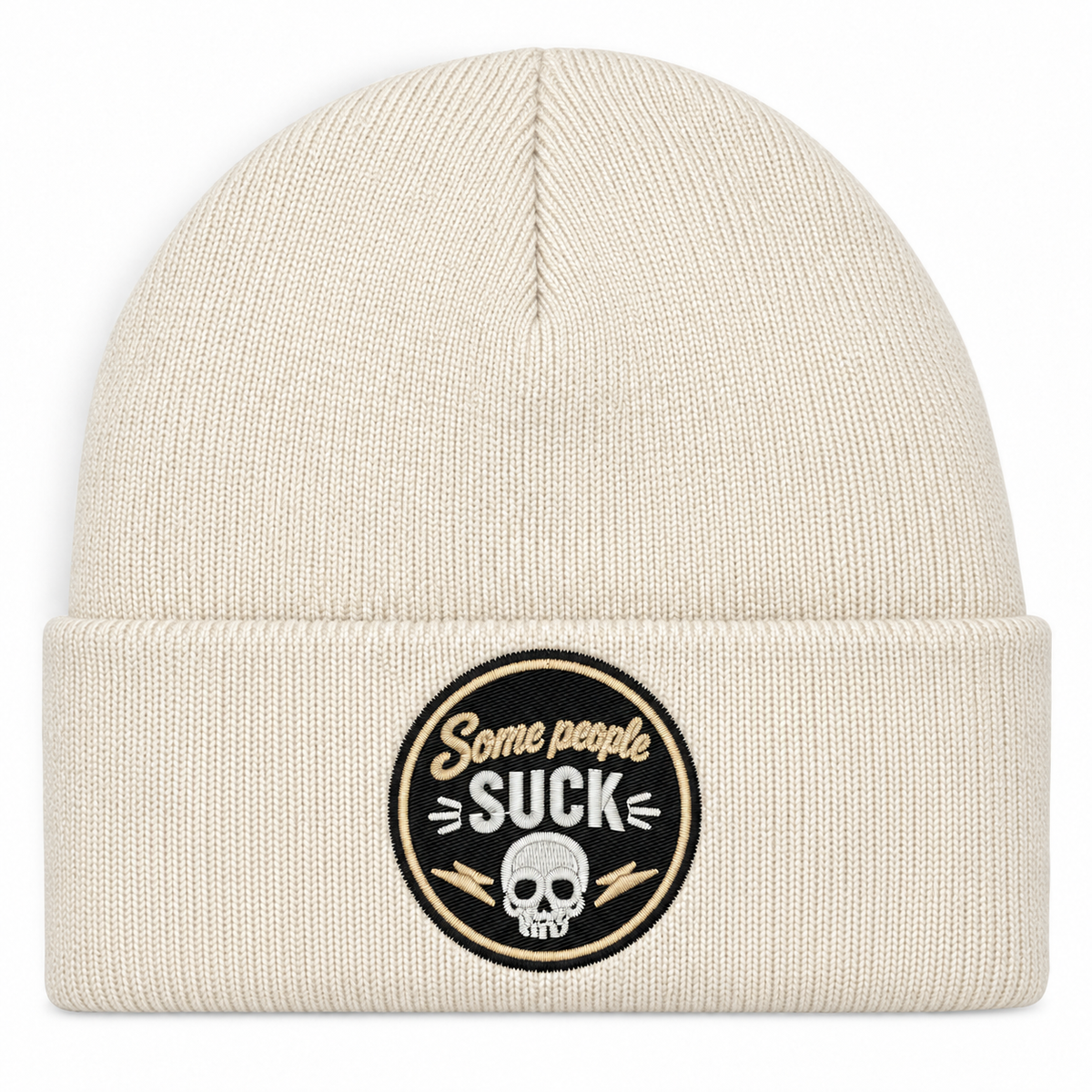 Some People Suck – Off White Hatitude Cuffed Beanie med direktbrodyr på vit bakgrund
