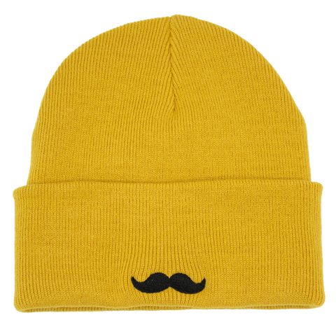 Hatitude gul mössa med svart mustaschbrodyr bak