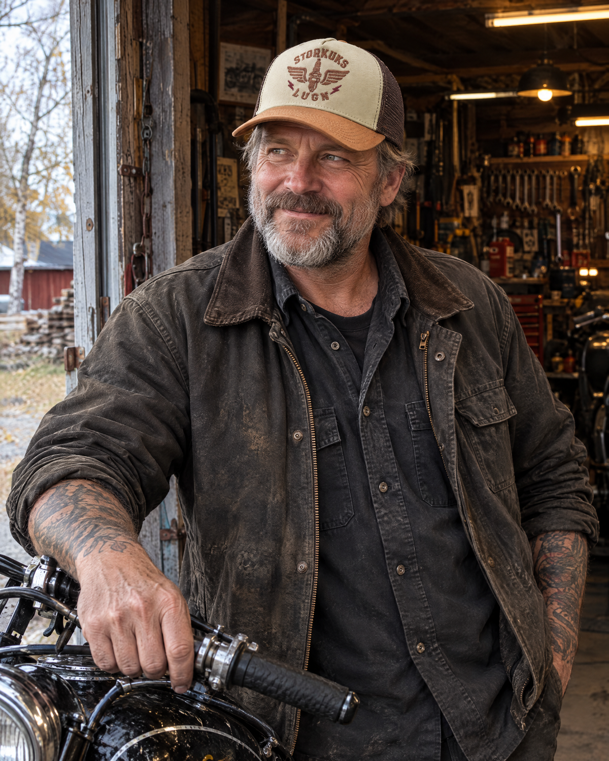 Man wearing the Storkuks lugn trucker cap in a motorcycle workshop.