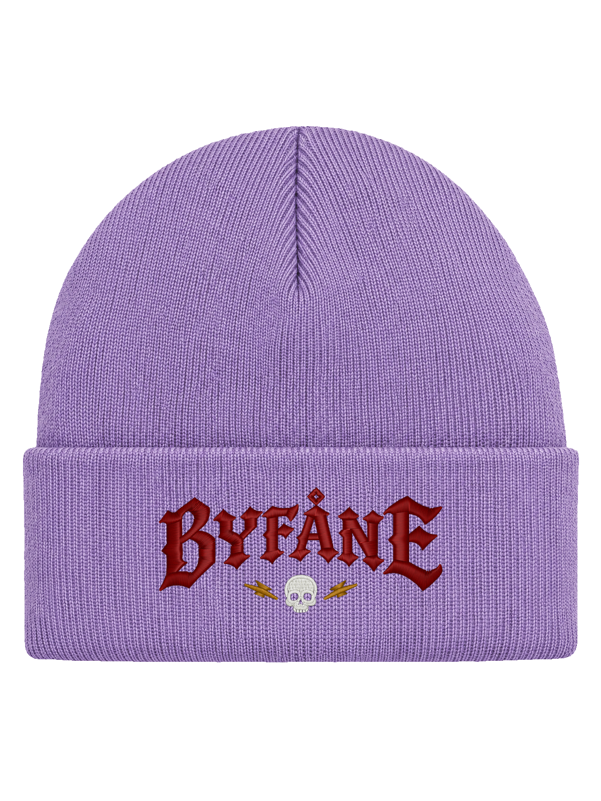 Byfåne, Lavendel, Hatitude Cuffed Beanie, HCB-LAV-BYF. Transparent produktbild. Brodyr 10,5 × 4,63 cm.