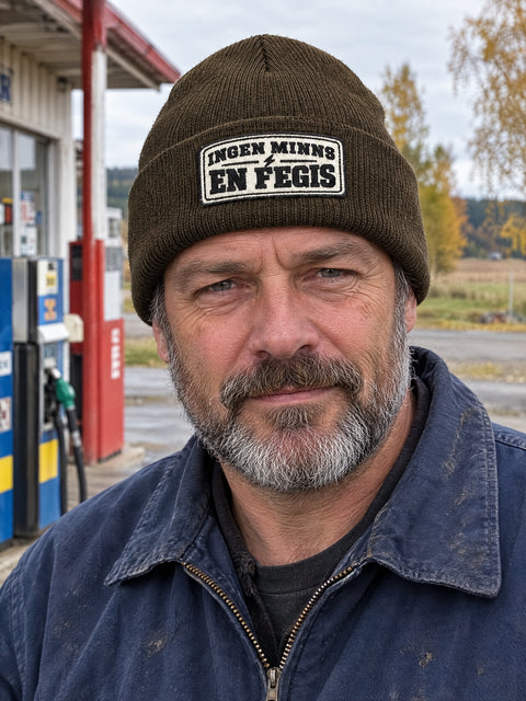 Ingen minns en fegis – Brun Cuffed Beanie på person