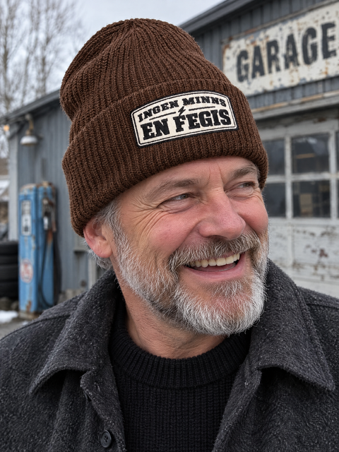 Ingen minns en fegis – valnot oversized cuffed beanie på person