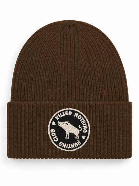 Killed Nothing Hunting Club – Hatitude Oversized Cuffed Beanie Valnöt, brodyr framifrån