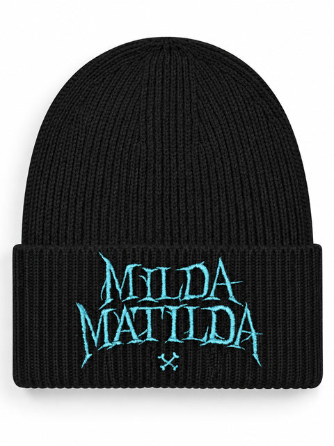 Milda Matilda – Hatitude Oversized Cuffed Beanie Svart, brodyr framifrån