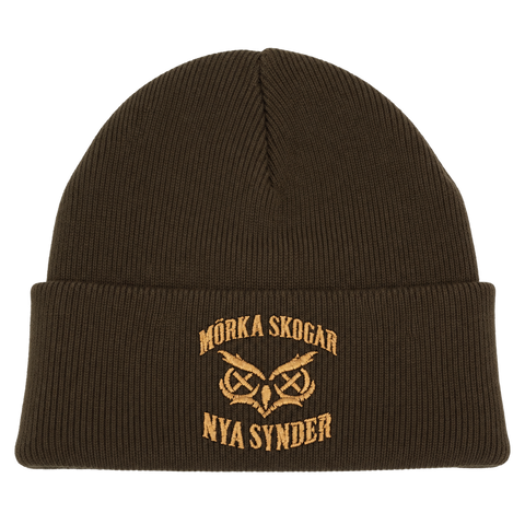 Mörka skogar, nya synder – brun Cuffed Beanie, produktmockup.