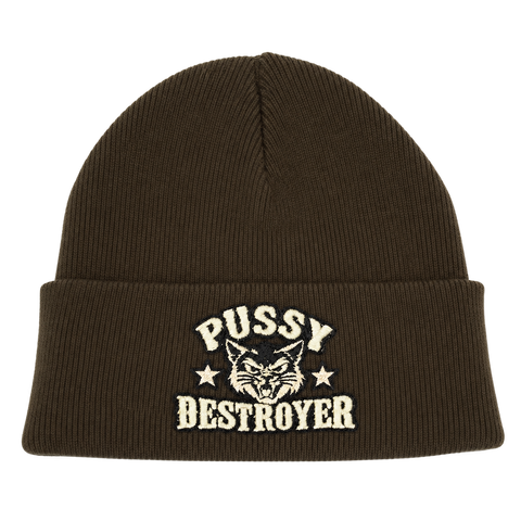 Pussy Destroyer – brun Cuffed Beanie, produktmockup med samma brodyr som svart.