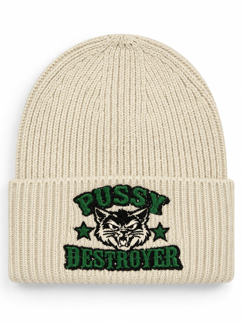Pussy Destroyer – Hatitude Oversized Cuffed Beanie Havre, brodyr framifrån