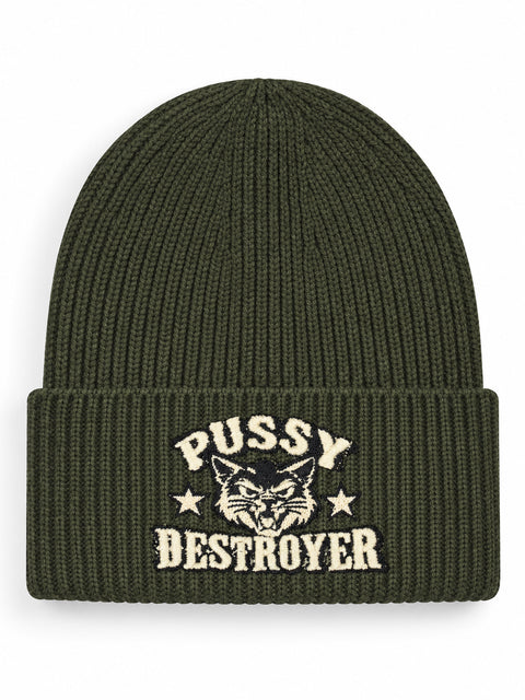 Pussy Destroyer – Hatitude Oversized Cuffed Beanie Olivgrön, brodyr framifrån