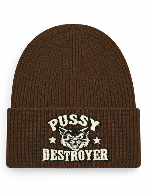 Pussy Destroyer – Hatitude Oversized Cuffed Beanie Valnöt, brodyr framifrån