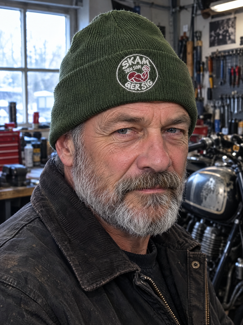 Skam den som ger sig – olivgrön mössa på vuxen person