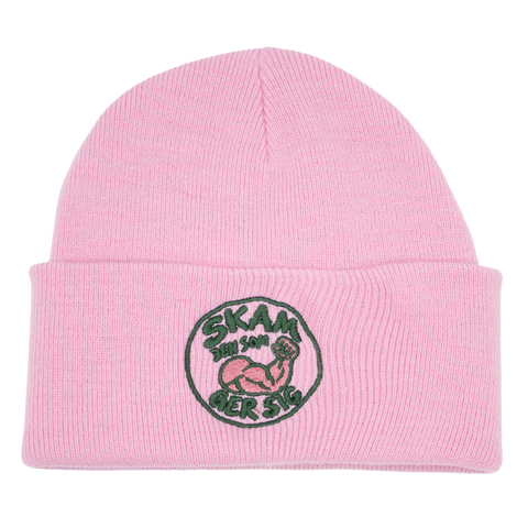 Skam den som ger sig – rosa mössa med mörkgrön och rosa brodyr
