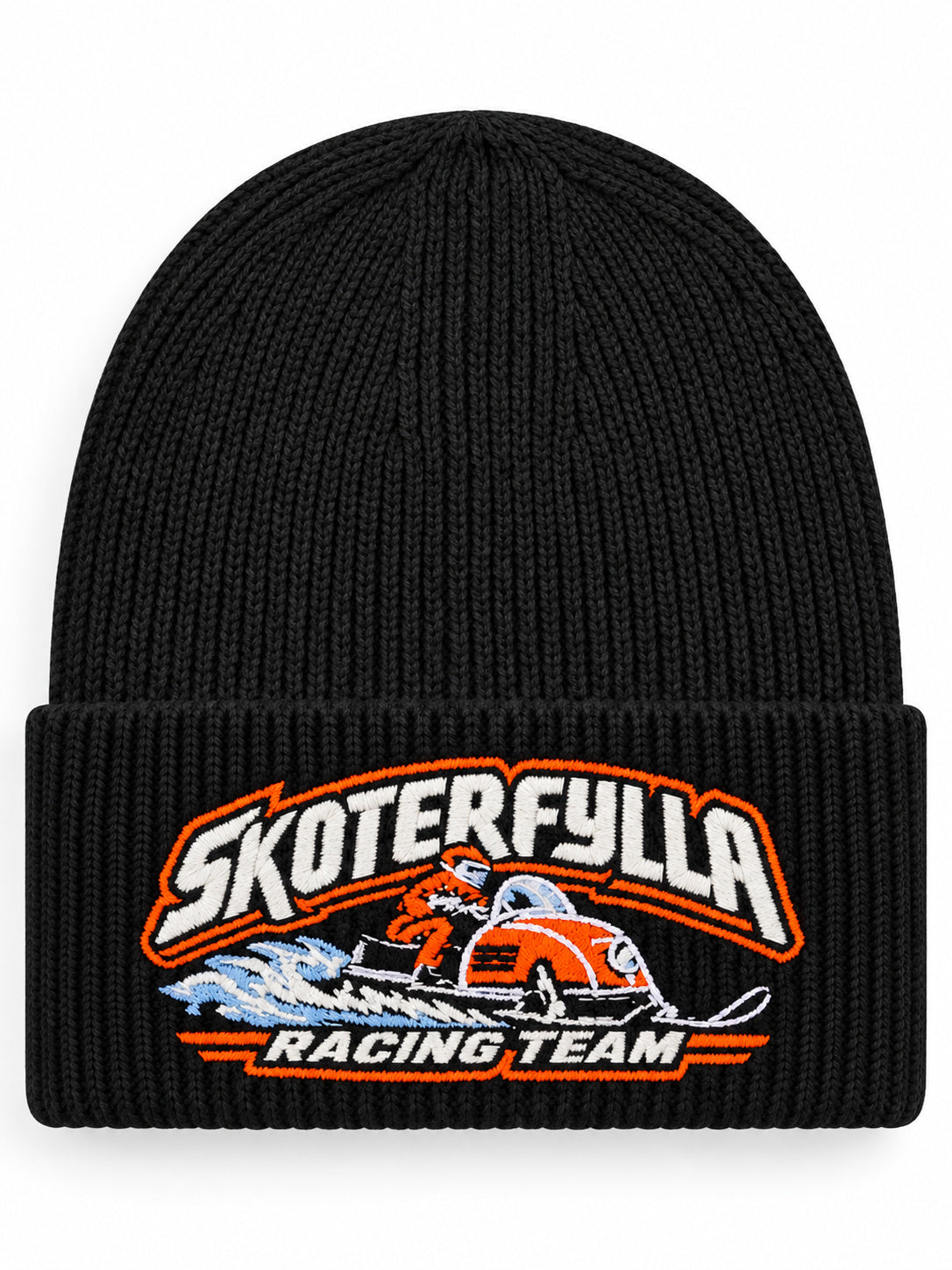 Detaljvy av Skoterfylla Racing Team på person