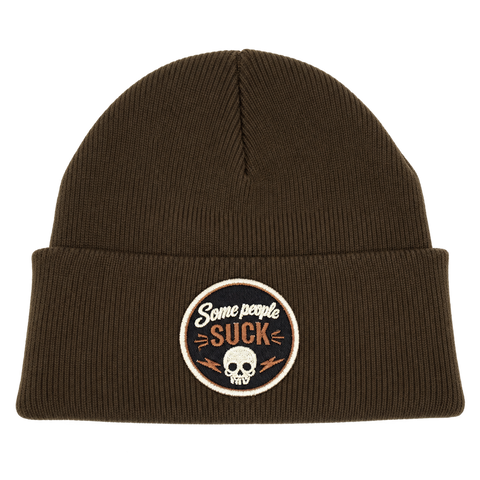 Some People Suck – brun Cuffed Beanie, produktmockup.