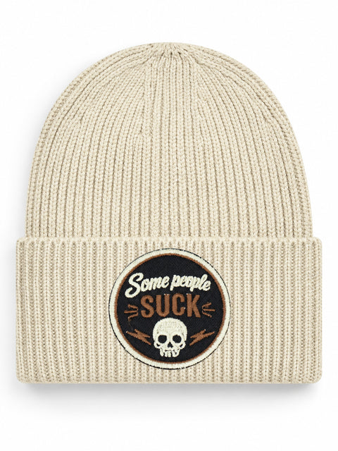 Some People Suck – Hatitude Oversized Cuffed Beanie Havre, brodyr framifrån