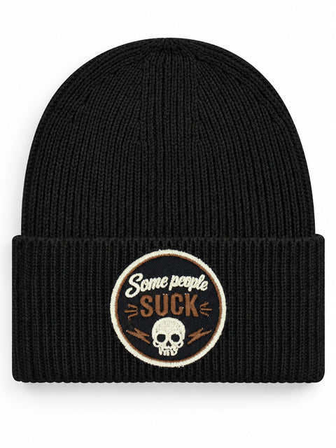 Some People Suck – Hatitude Oversized Cuffed Beanie Svart, brodyr framifrån