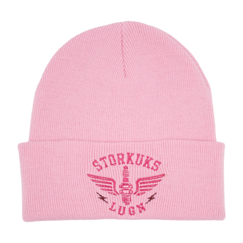 Rosa Storkuks Lugn-mössa med vinröd brodyr