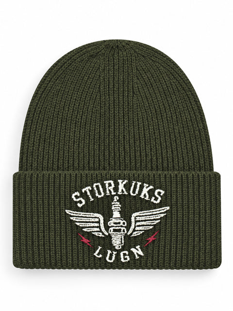 Storkuks Lugn – Hatitude Oversized Cuffed Beanie Olivgrön, brodyr framifrån