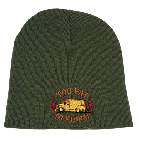Too Fat To Kidnap – Olivgrön Hatitude Beanie utan uppvik, produktmockup