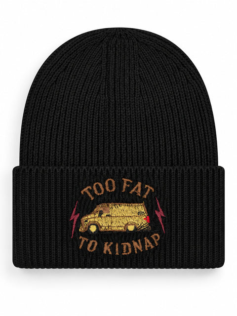 Too Fat To Kidnap – Hatitude Oversized Cuffed Beanie Svart, brodyr framifrån