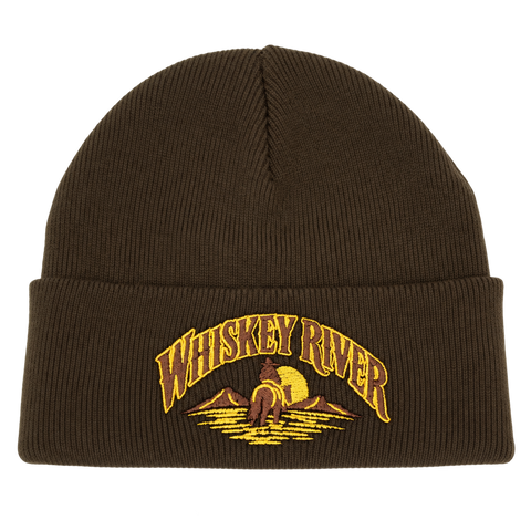 Whiskey River – brun Cuffed Beanie, produktmockup.