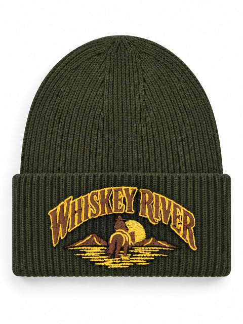 Whiskey River – Hatitude Oversized Cuffed Beanie Olivgrön, brodyr framifrån