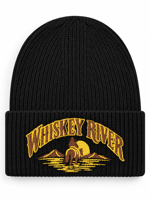 Whiskey River – Hatitude Oversized Cuffed Beanie Svart, brodyr framifrån