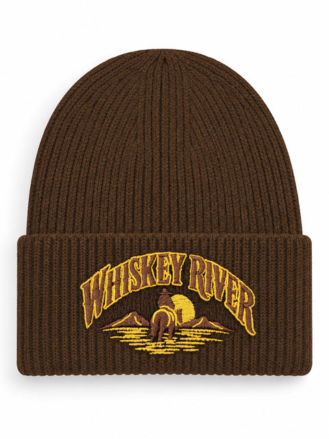 Whiskey River – Hatitude Oversized Cuffed Beanie Valnöt, brodyr framifrån